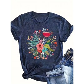 Floral Print T-shirt, Casual Short Sleeve Crew Neck Top For Spring & Summer, Women's Clothing