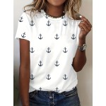 Anchor Print Crew Neck T-Shirt, Casual Short Sleeve Top For Spring & Summer, Women's Clothing