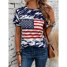 American Flag Print Crew Neck T-Shirt for Women - Casual Short Sleeve Tee for Spring & Summer