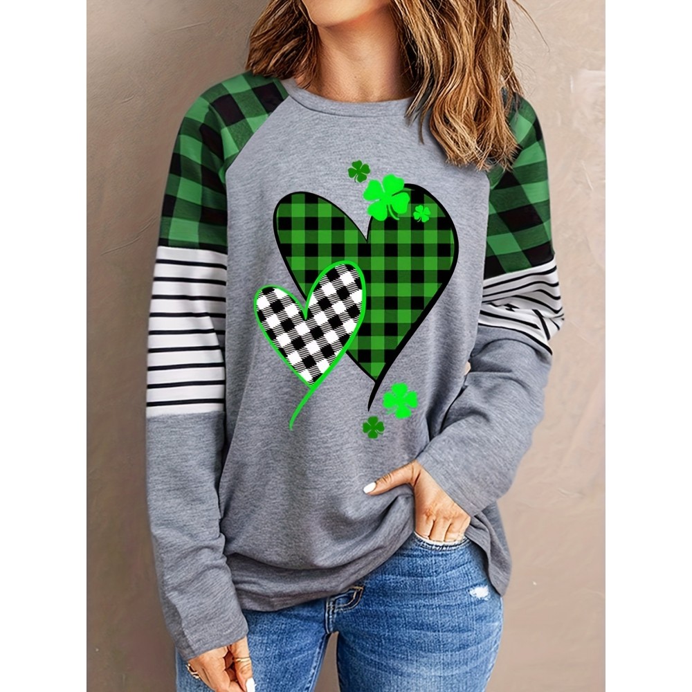 Plaid Cute Heart & Lucky Grass Print, Casual Crew Neck Raglan Sleeve Top For Spring & Fall, Women's Clothing, Valentine's Day