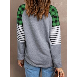 Plaid Cute Heart & Lucky Grass Print, Casual Crew Neck Raglan Sleeve Top For Spring & Fall, Women's Clothing, Valentine's Day