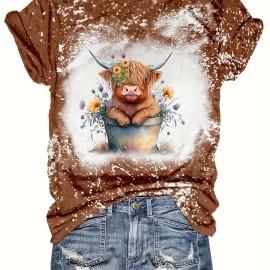 Women's Cow & Floral Print T-shirt - Casual Short Sleeve Crew Neck Top for Spring & Summer