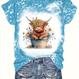 Women's Cow & Floral Print T-shirt - Casual Short Sleeve Crew Neck Top for Spring & Summer