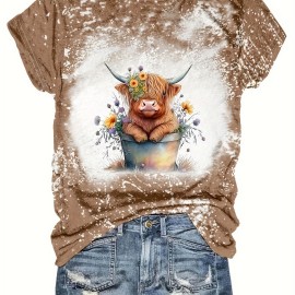 Women's Cow & Floral Print T-shirt - Casual Short Sleeve Crew Neck Top for Spring & Summer