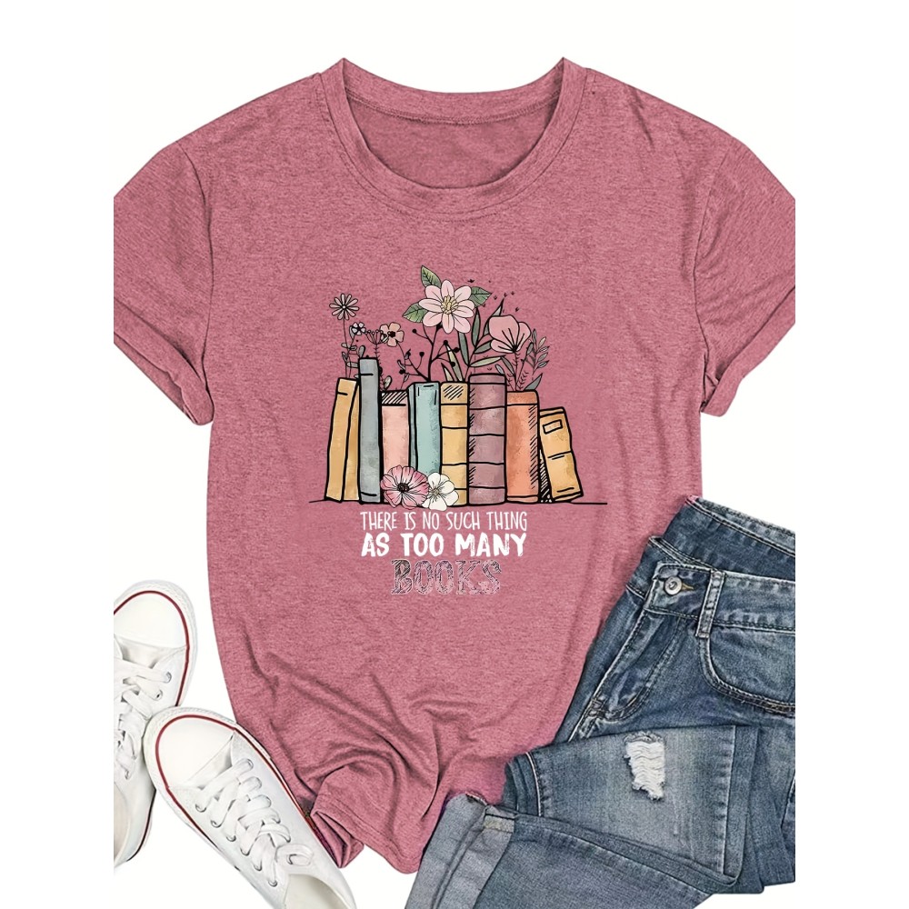 Flower & Book Print Crew Neck T-Shirt, Casual Short Sleeve T-Shirt For Spring & Summer, Women's Clothing