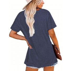 Heart & Baseball Print Crew Neck T-shirt, Casual Short Sleeve Top For Spring & Summer, Women's Clothing