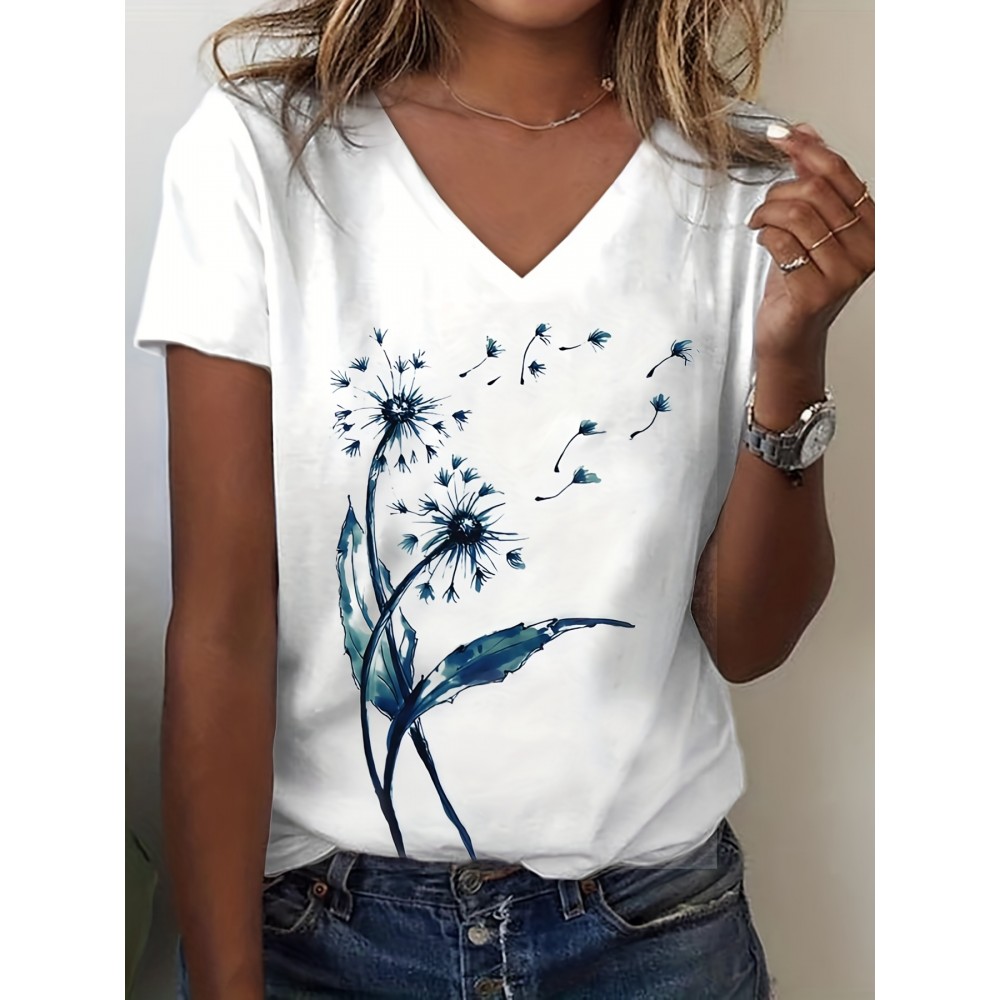 Dandelion Print V Neck T-Shirt, Casual Short Sleeve T-Shirt For Spring & Summer, Women's Clothing