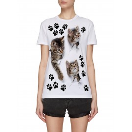 Cute Cat Paw Print T-Shirt for Women - Casual Short Sleeve Tee for Spring & Summer