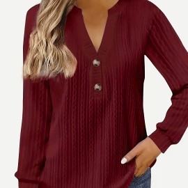 Women's Textured Button Front V Neck Long Sleeve T-Shirt - Casual Spring & Fall Top