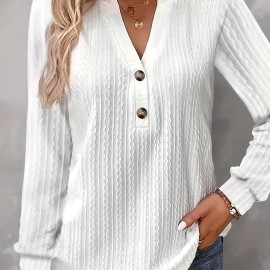 Women's Textured Button Front V Neck Long Sleeve T-Shirt - Casual Spring & Fall Top