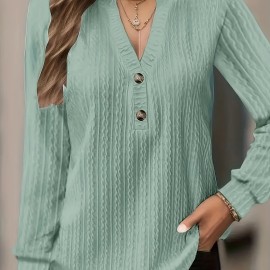 Women's Textured Button Front V Neck Long Sleeve T-Shirt - Casual Spring & Fall Top