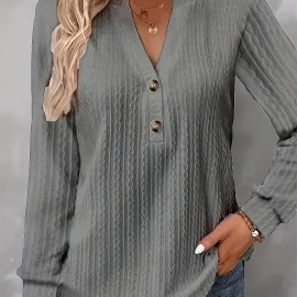 Women's Textured Button Front V Neck Long Sleeve T-Shirt - Casual Spring & Fall Top