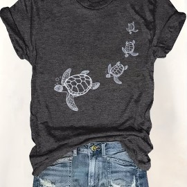 Turtle Print Crew Neck T-Shirt, Casual Short Sleeve T-Shirt For Spring & Summer, Women's Clothing