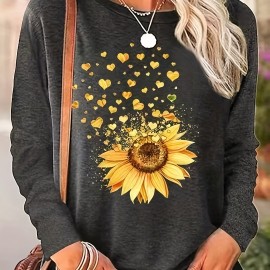 Sunflower Print Long Sleeve T-Shirt for Women - Casual Spring and Fall Fashion