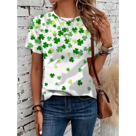 Clover Print Crew Neck T-Shirt, Casual Short Sleeve T-Shirt For Spring & Summer, Women's Clothing, St. Patrick's Day