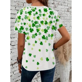 Clover Print Crew Neck T-Shirt, Casual Short Sleeve T-Shirt For Spring & Summer, Women's Clothing, St. Patrick's Day