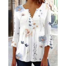 Floral Print Button Front T-shirt - Casual Flared Sleeve Top for Women - Spring & Fall Fashion