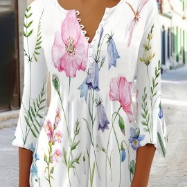 Floral Print Button Front T-shirt - Casual Flared Sleeve Top for Women - Spring & Fall Fashion