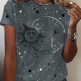 Sun & Moon Print Crew Neck T-Shirt, Casual Short Sleeve T-Shirt For Spring & Summer, Women's Clothing