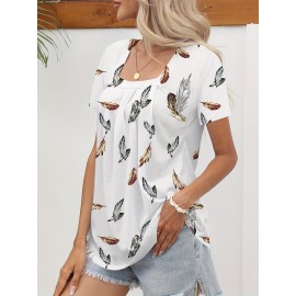 Feather Print Square Neck T-Shirt, Casual Short Sleeve Top For Spring & Summer, Women's Clothing