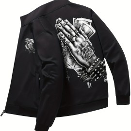 Men's Praying For Money Pattern Windbreaker Jacket - Casual Stand Collar Zip Up