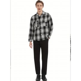 Men's Button Down Loose Fit Long Sleeve Thick Plaid Casual Shirt Jacket black and white checkerboard 02