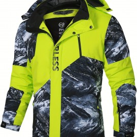 Men's Printed Windbreaker Jacket, Casual Hooded Waterproof Jacket For Outdoor Mountaineering Skiing