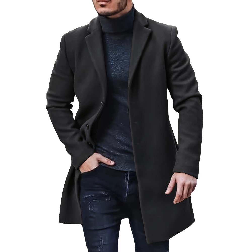 Men's Warm Overcoat, Elegant Single Breasted Trench Coat For Fall Winter