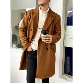 Men's Elegant Trench Double Breasted Coat, Casual Wool-like Fabric Warm Overcoat For Fall Winter