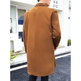 Men's Elegant Trench Double Breasted Coat, Casual Wool-like Fabric Warm Overcoat For Fall Winter