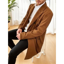 Men's Elegant Trench Double Breasted Coat, Casual Wool-like Fabric Warm Overcoat For Fall Winter