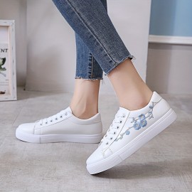 Women's Floral Embroidered Sneakers, Lace Up Soft Sole Platform Casual Skate Shoes, Low-top Walking White Shoes