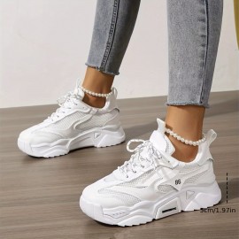 Women's Solid Color Mesh Sneakers, Lace Up Soft Sole Platform Casual Shoes, Low-top Breathable Shoes