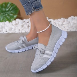 Women's Striped Pattern Sneakers, Casual Lace Up Outdoor Shoes, Lightweight & Breathable Flying Woven Shoes