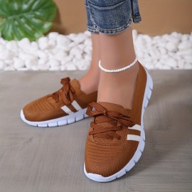 Women's Striped Pattern Sneakers, Casual Lace Up Outdoor Shoes, Lightweight & Breathable Flying Woven Shoes