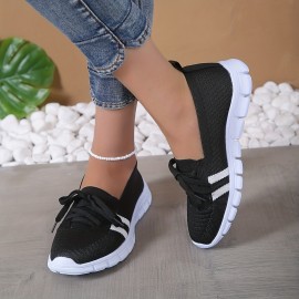 Women's Striped Pattern Sneakers, Casual Lace Up Outdoor Shoes, Lightweight & Breathable Flying Woven Shoes