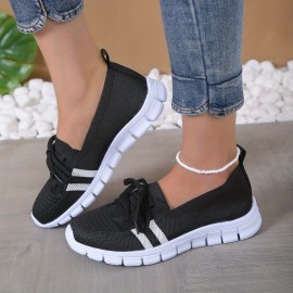 Women's Striped Pattern Sneakers, Casual Lace Up Outdoor Shoes, Lightweight & Breathable Flying Woven Shoes