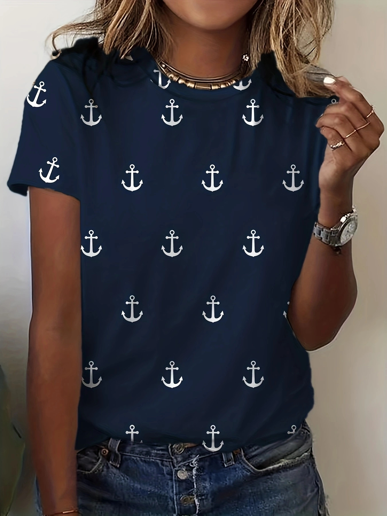 anchor print crew neck t shirt casual short sleeve top for spring summer womens clothing details 3