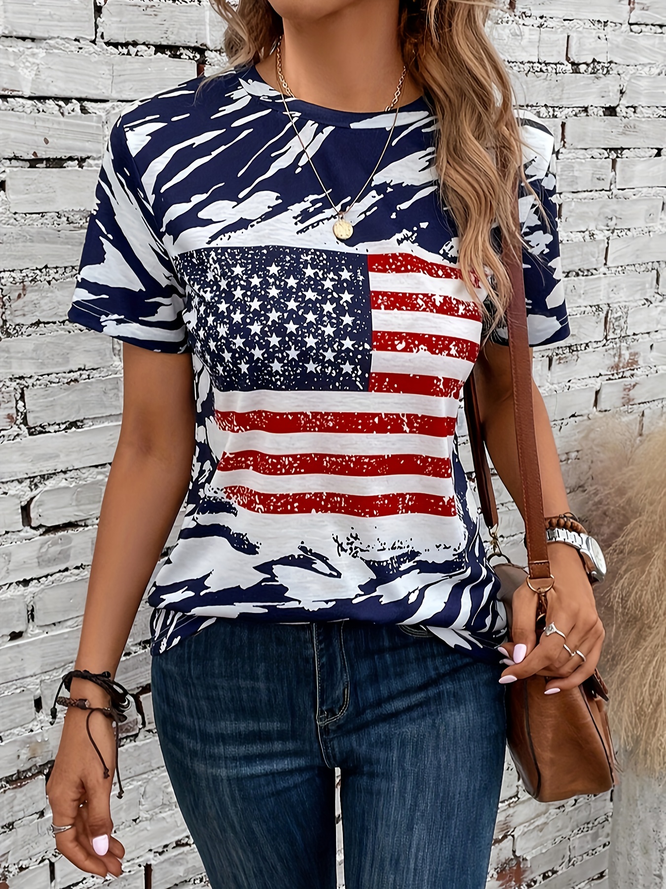 american flag print crew neck t shirt casual short sleeve t shirt for spring summer womens clothing details 3