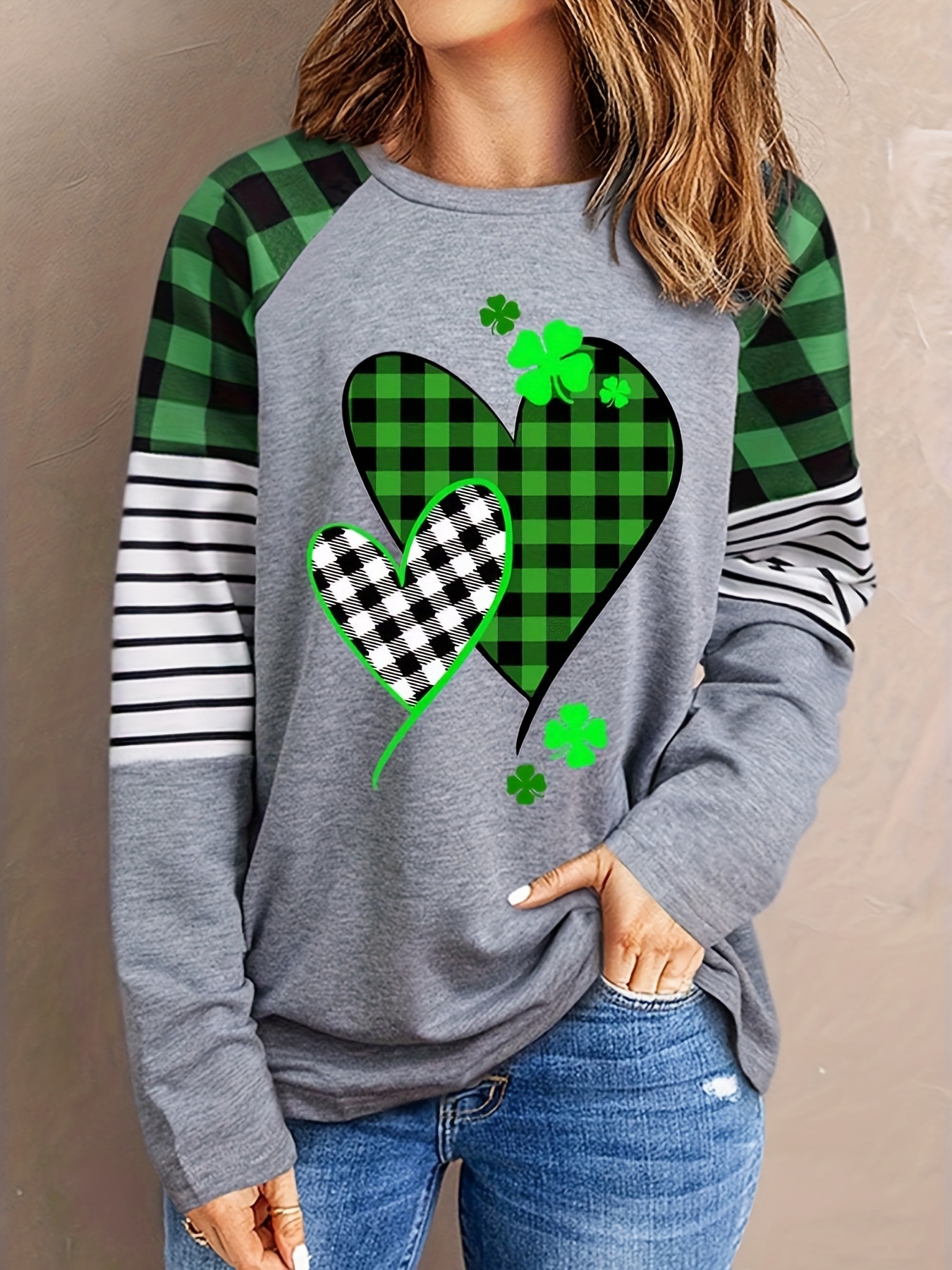 plaid cute heart lucky grass print casual crew neck raglan sleeve top for spring fall womens clothing valentines day details 1