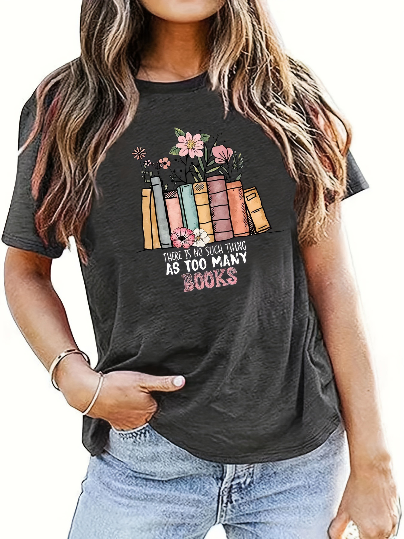 flower book print crew neck t shirt casual short sleeve t shirt for spring summer womens clothing details 5