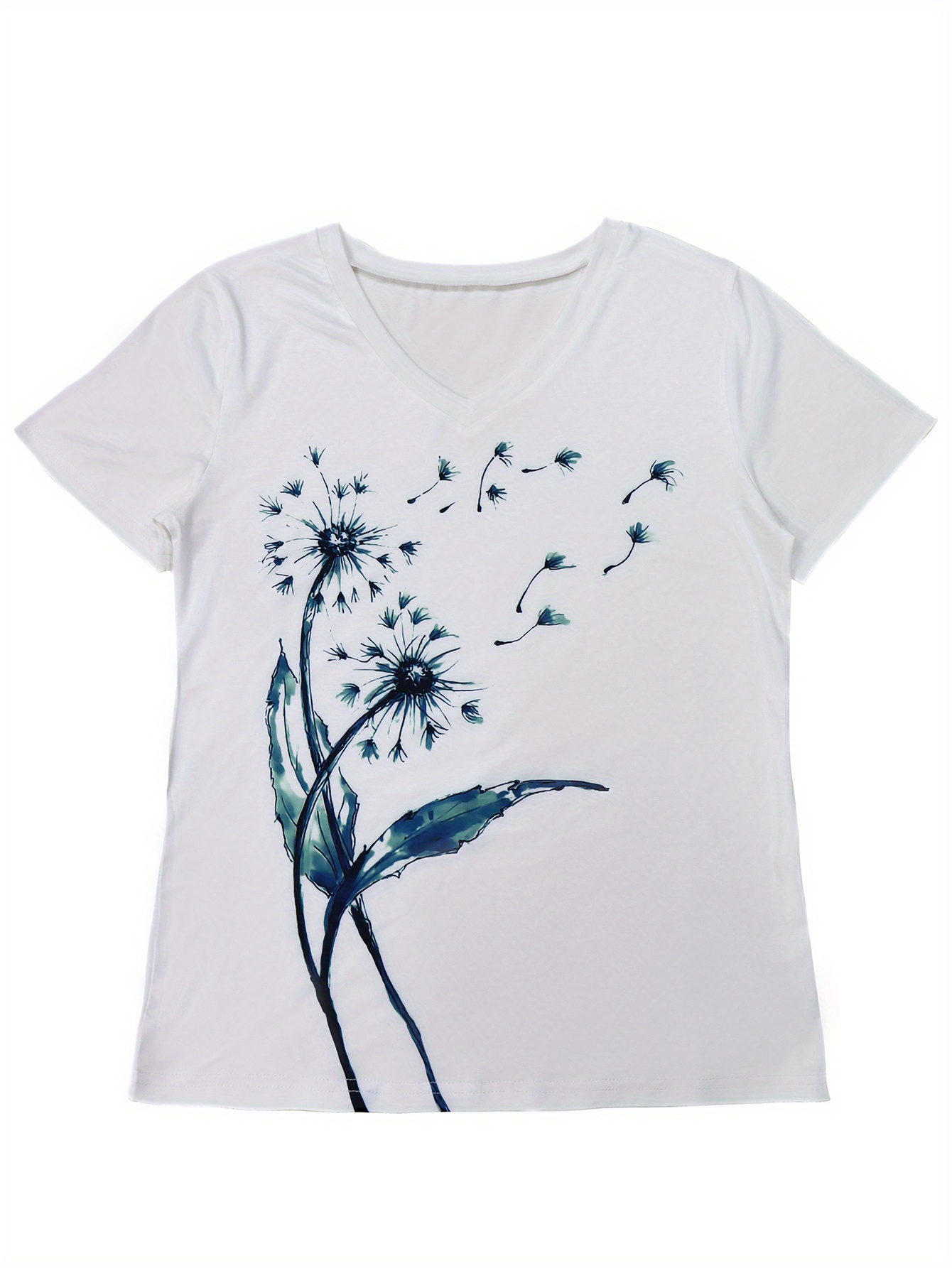 dandelion print v neck t shirt casual short sleeve t shirt for spring summer womens clothing details 2