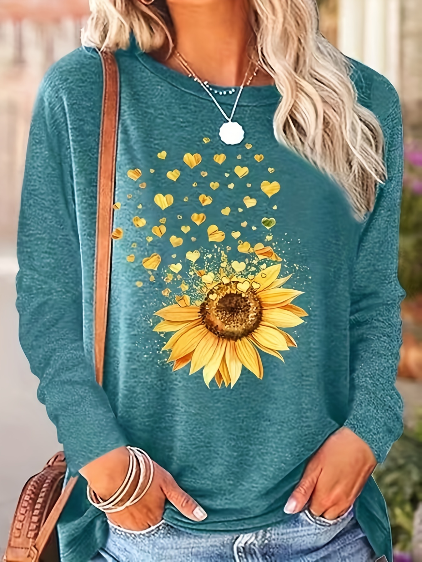 sunflower print crew neck t shirt casual long sleeve t shirt for spring fall womens clothing details 0