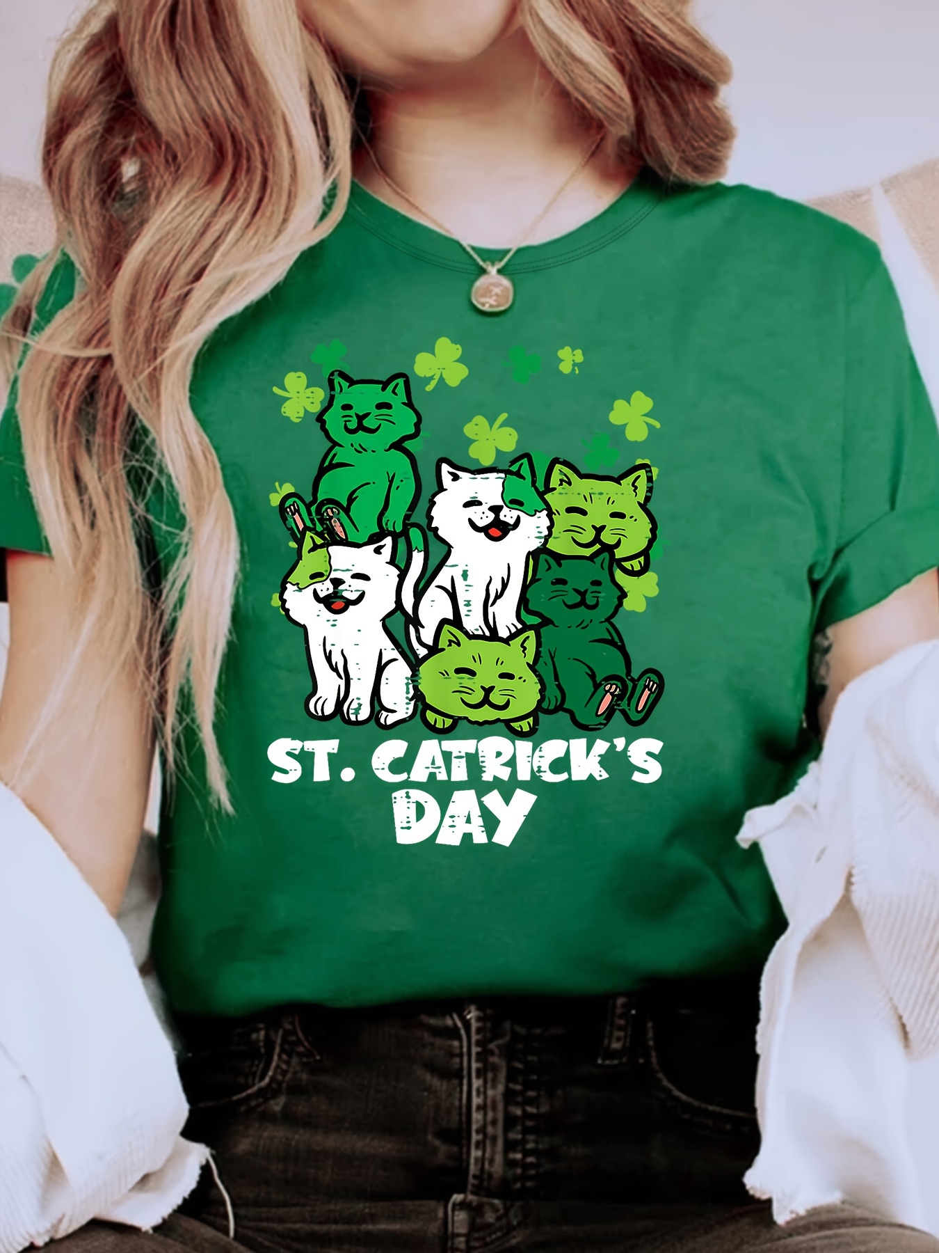 st patricks day cat print t shirt casual crew neck short sleeve top for spring summer womens clothing details 0