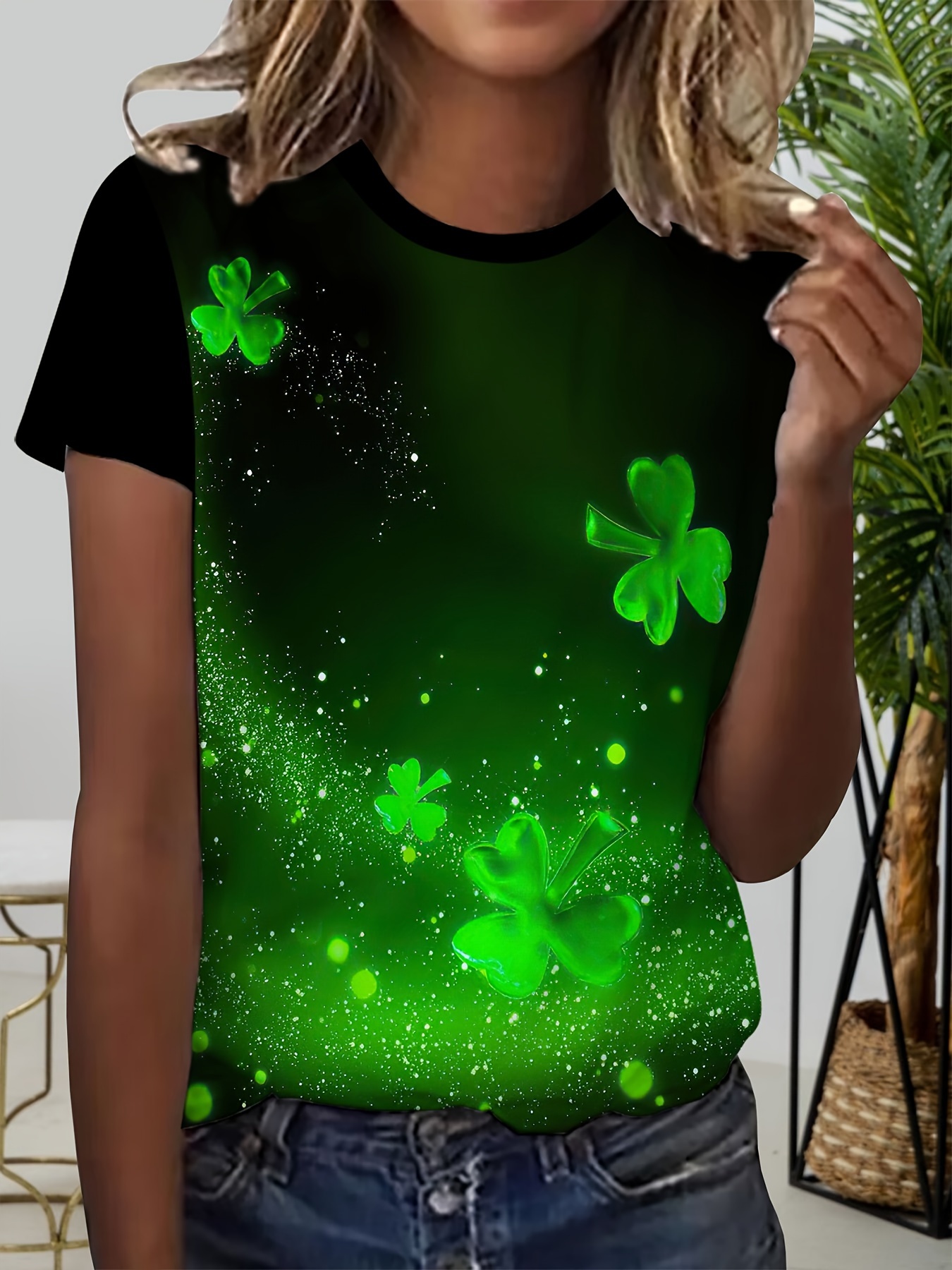 clover print crew neck t shirt casual short sleeve t shirt for spring summer womens clothing st patricks day details 0