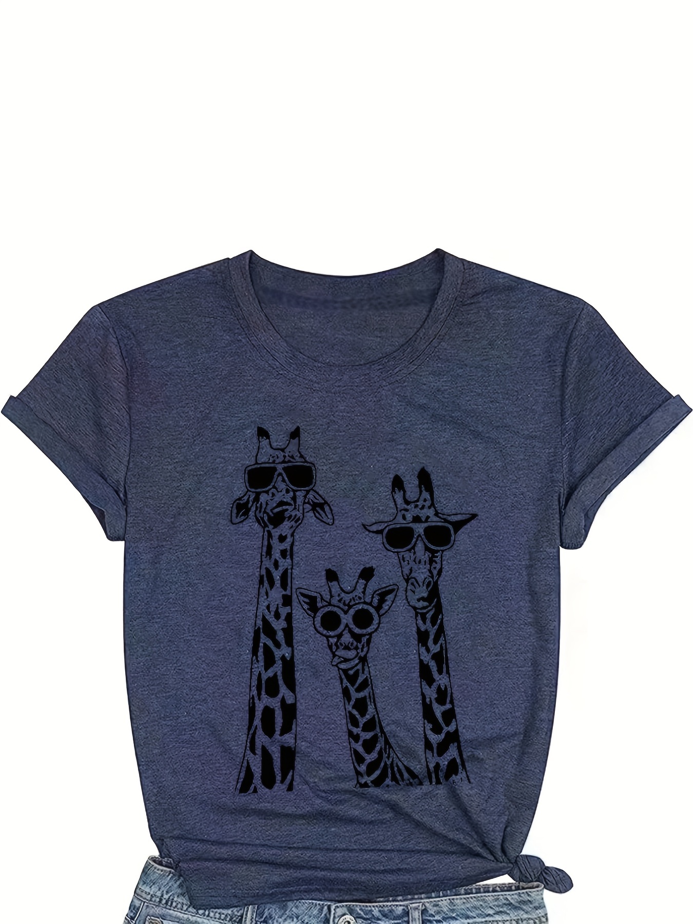 cartoon giraffe print crew neck t shirt casual short sleeve t shirt for spring summer womens clothing details 0