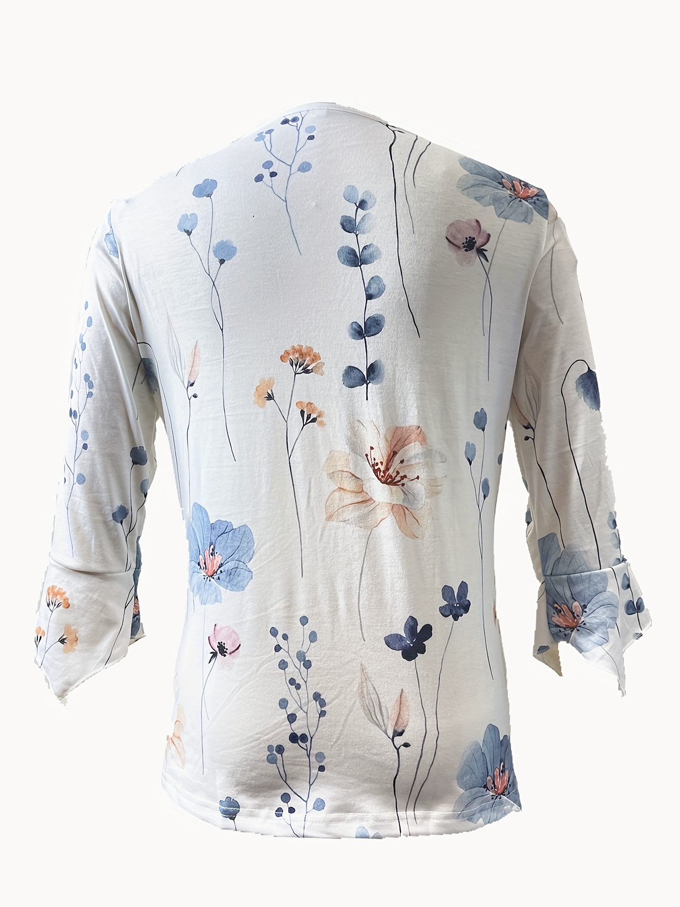 floral print button front t shirt casual flared sleeve top for spring fall womens clothing details 5