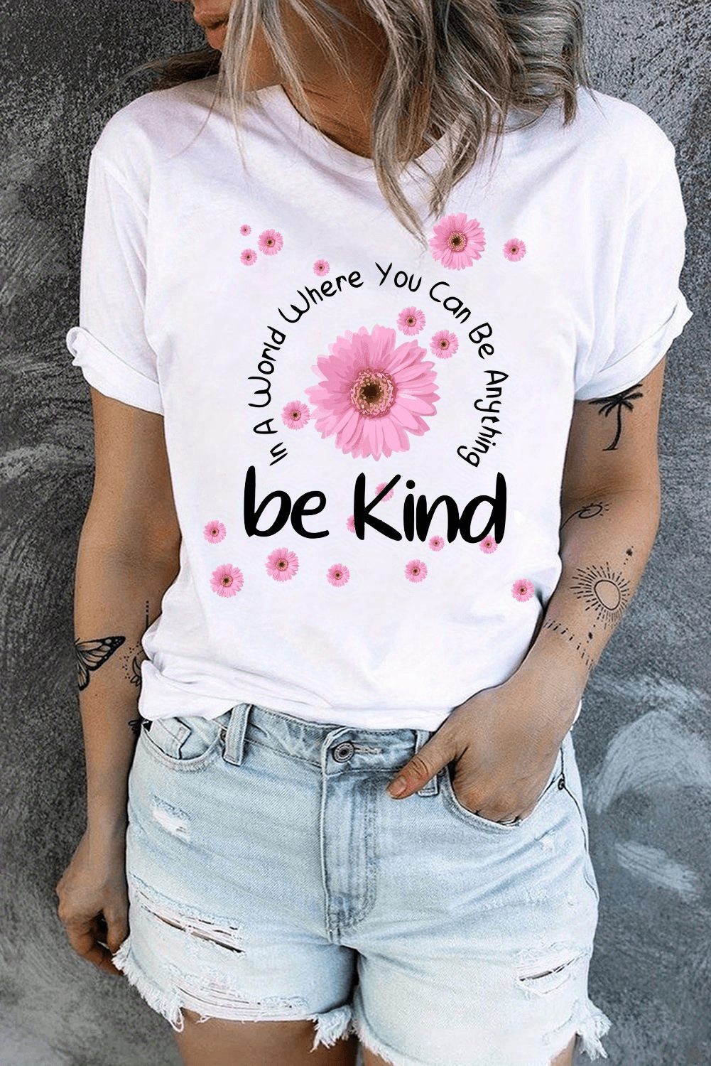 flowers letter print t shirt casual crew neck short sleeve be kind t shirt womens clothing details 0