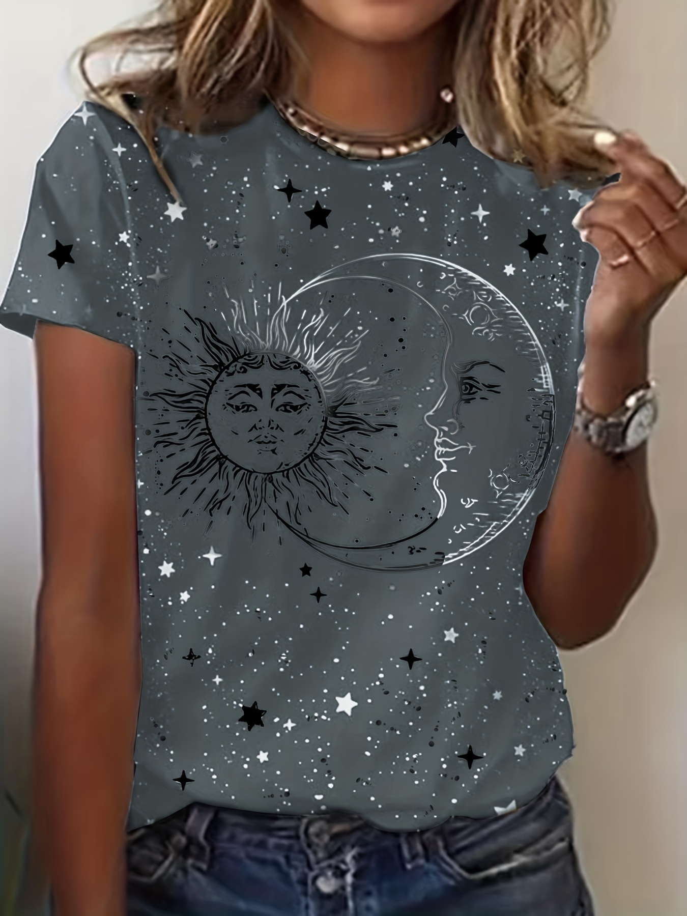 sun moon print crew neck t shirt casual short sleeve t shirt for spring summer womens clothing details 0