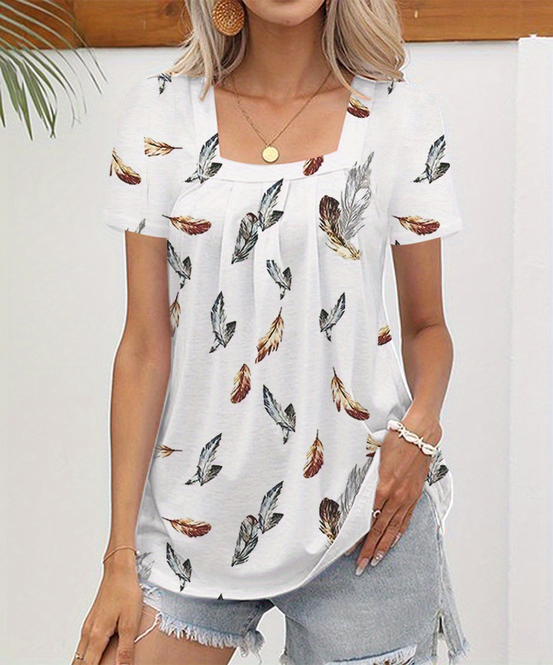 feather print square neck t shirt casual short sleeve top for spring summer womens clothing details 2